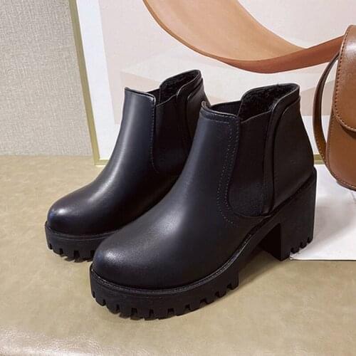 Womans Ankle Boots Thick Bottom Fashion Ladies Short Boots Concise Hoof Heels Slip On Woman Footwear Round Toe Female Shoes New