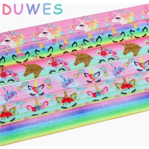 DUWES 5/8'' Free shipping unicorn face gradient colors printed Fold Elastic FOE headband headwear hairband DIY decoration D728
