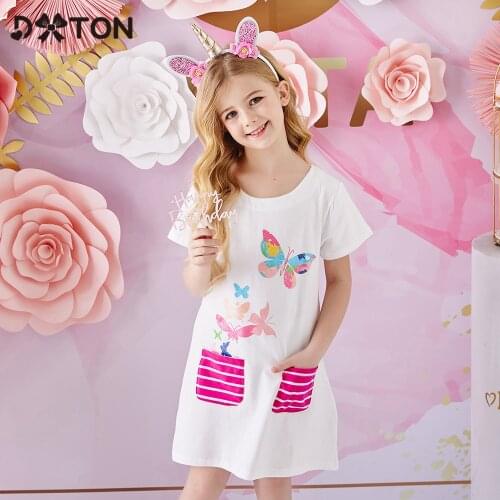 DXTON Summer Kids Dresses For Girls Cotton Children Dress Butterfly Toddler Costume Short Sleeve Casual Girls Dress With Pocket