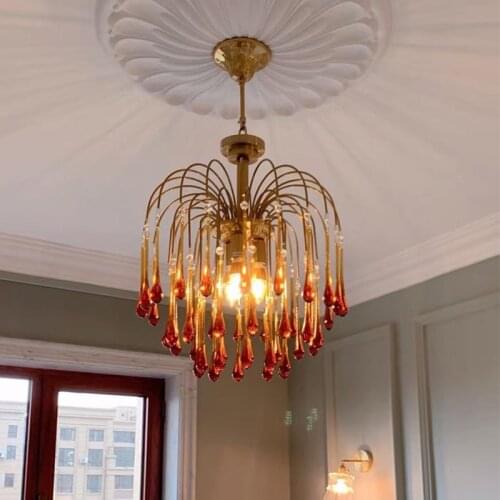 Retro Crystal Water Drop French Light Luxury Living Room Bedroom Corridor Aisle Dining Pendant Lamps E14