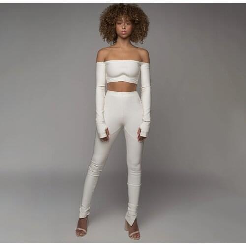 2 Pcs Sexy Off Shoulder Long Sleeve Crop Top Tight Pants Set Sports Sets 100