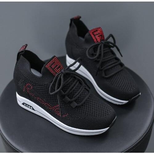 Crystal Rhinestones Platform Wedge Sneakers Shoes Breathable Mesh Shoes Autumn Casual Shoes Height Increasing Woman