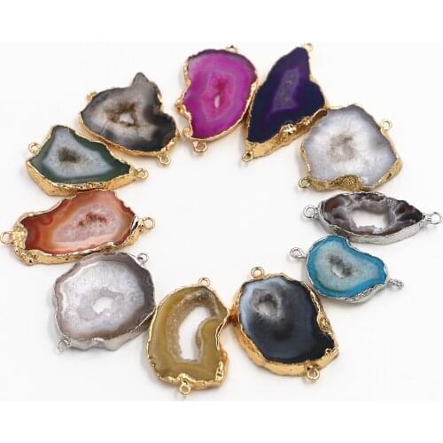 Random Natural Stone Agates Slice Patch Pendant with Double Hole Connector for Jewelry Making Necklace and Bracelet Accessories