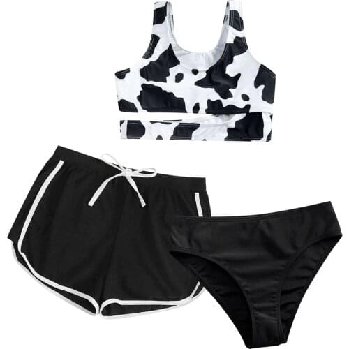 Cow Floral Print Swimwear Cut Out Swimsuit For Teenager Kids Girls Summer Three-piece Bikini Sets Swimming Bathing 8-14 Years