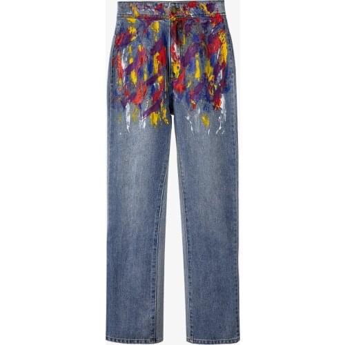 Summer Women Fashion High Waist Graffiti Contrast Color Jeans Paint Hand Painted Straight Pants Light Blue Denim Trousers Y1296