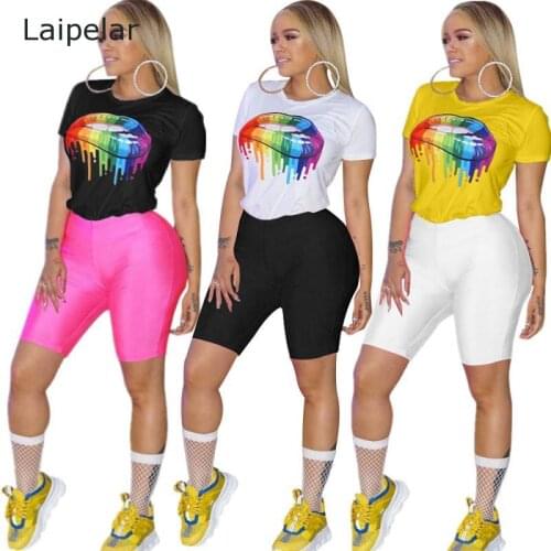 Summer Rainbow Lips Print Sexy Two Piece Set Clothes for Women o Neck Short Sleeve t Shirt and Biker Shorts Suit