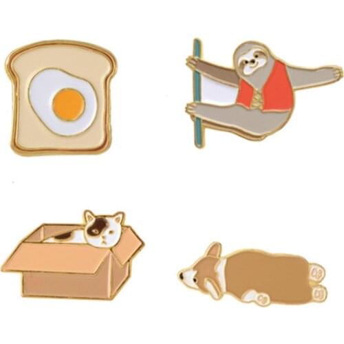 Cartoon Pins Cactus Tree Toast Cat Dog Sloth Alpaca Merci Wonderful Enamel Pins Cute Badges Brooches For Women Girl