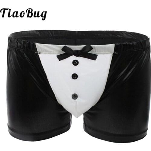 TiaoBug Men Sexy Gay Swimwear Patent Leather Boxer Bikini Briefs Underwear with Buttons Bowknot Butler Waiter Costume Lingerie