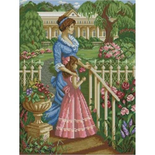 Mother and daughter in the garden counted 11CT 14CT 18CT DIY Cross Stitch Sets Chinese Cross-stitch Kits Embroidery Needlework