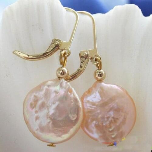 New Arrival Favorite Pearl Earring 14mm Pink Coin Freshwater Pearls Gold Dangle Earrings Charming Lady Gift Birthday Jewelry