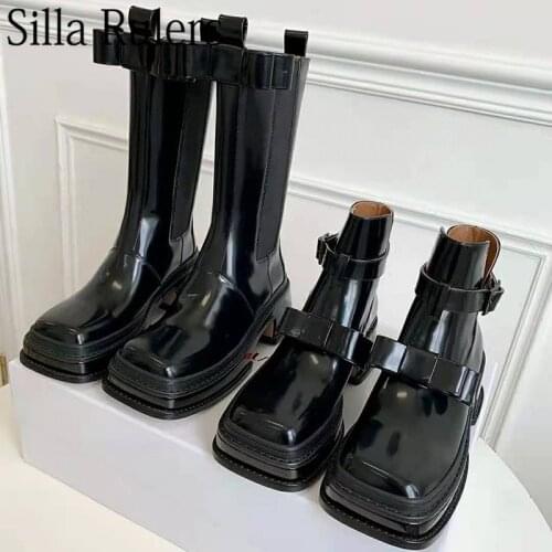 New Thick Sole Bowknot Martin Boots Woman Slip On Square Toe Ankle Boots Woman Real Leather Autumn Chelsea Boots Woman 2021