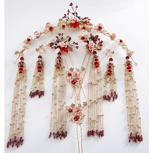 2019 New chinese red beads Wedding Bride Headdress Gold Costume Complete Set brides Hair Accessories