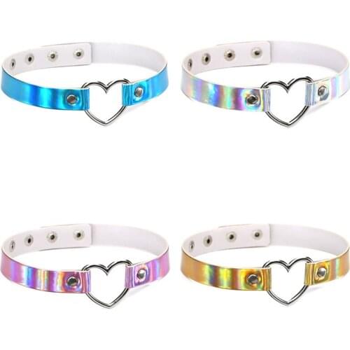PU Leather Sexy Punk Heart Choker Necklace Gothic Laser Collar Lady Harajuku Fashion Jewelry Colorful Leather Charm Gift