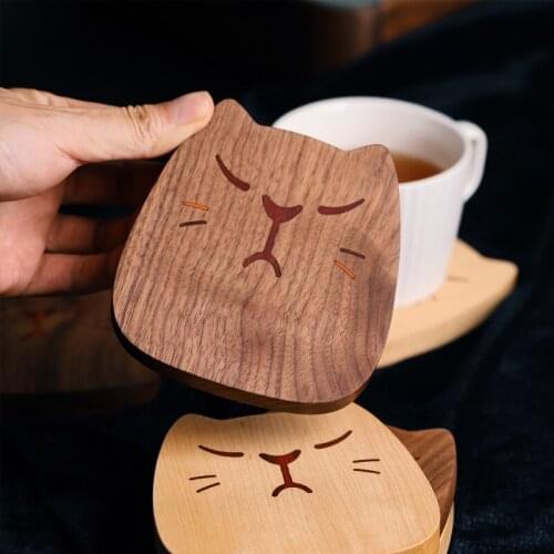 Solid Wood Coasters Creative Cartoon Black Walnut Mark Pacemat Water Cup Holder Cat Style Insulation Pad 1PC