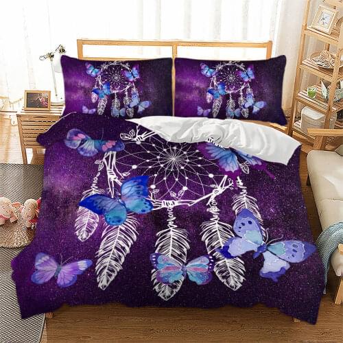 3D Beautiful Blue Butterfly Purple Dream Catcher Printed Down Bed Cover Pillowcase Stylish Bedroom Decorative Bedding Set