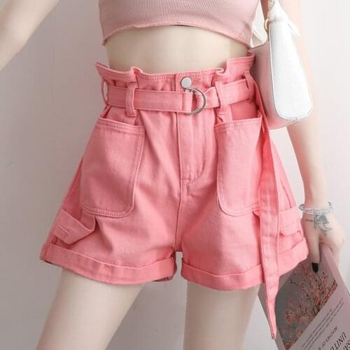 Womens Denim Shorts Classic Vintage High Waist Pink White Wide Leg Female Caual Sweet Summer Ladies Shorts Jeans For Female