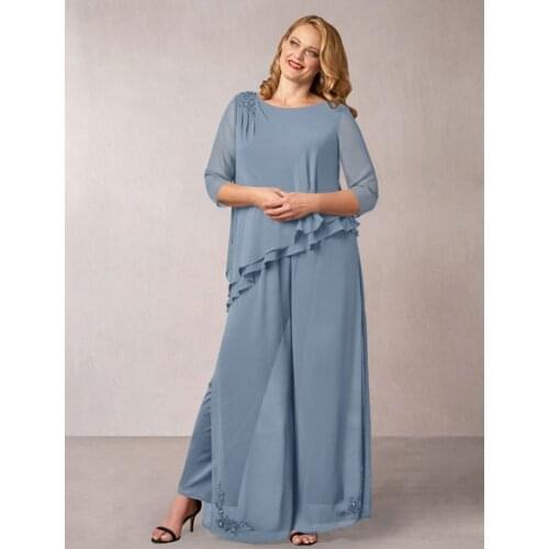 Mothers Bridal Dress Grey Blue Bateau Neck Half Sleeves Applique Chiffon Wedding Guest Dresses