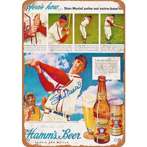 WallColor 8*12 Metal Sign Stan Musial for Hamms Beer Vintage Look