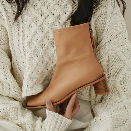 Women ankle boots natural leather upper autumn and winter Solid color square head round heel classic Europe women shoes