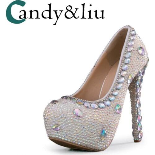 Sequin Mixed Color Pearl Wedding Shoes High Heel Round Toe Platform Rhinestone Crystals Women Pumps for Bridesmaid Party Banquet