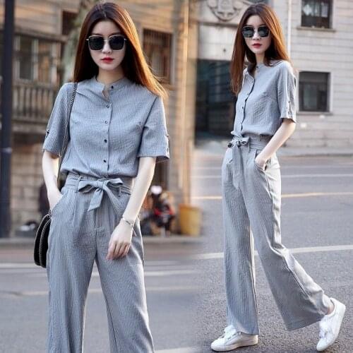 Shirt Wide-leg Pants Suit Womens Summer New Temperament Large Size Fashion Casual Short Sleeve Shirt and Trousers Two Piece Set