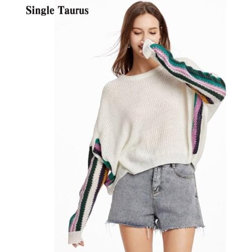 Female Batwing Sleeve Sweater Fall Thin Loose Casual Streetwear Knitted Sweaters Top Color Stitching Ladies Pullover Cute Tops