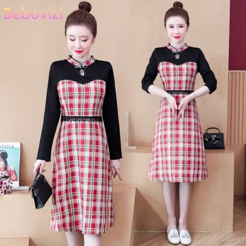 Plus Size M-4XL New 2021 Fashion Red Plaid Modern Cheongsam Dress Women Long Sleeve Qipao Traditional Chinese Clothes