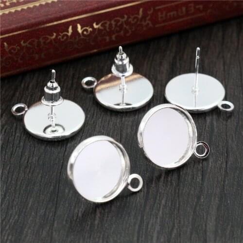 12mm 30pcs Bright Silver Plated Colors Plated Stainless Iron Earring Studs(with Ear plug) Base,Fit 12mm Glass Cabochons -O3-36