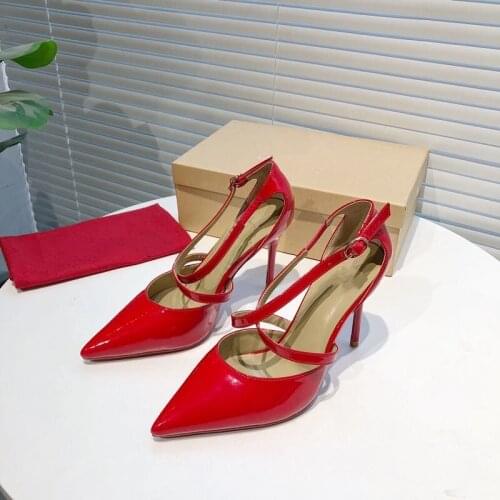 Patent Leather Sandals Women Party Shoes Sexy High Heels Slip on Cross Tie Pointed Toe Luxury Brand New Pumps Chic Shoes Women