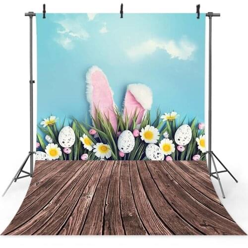 Rabbit Easter Eggs Backdrop Photocall Spring Blue Sky Easter Photo Background Brown Wood Floor Photography for Photographer
