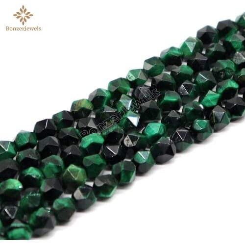 Faceted Green Diamonds Tiger Eye Natural Stone Round Star Cut Polygon Beads For DIY Gift Jewelry Making 15" Strand 8 10MM
