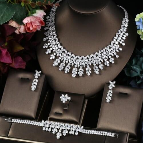 Janekelly 4pcs Bridal Zirconia Full Jewelry Sets For Women Party, Luxury Dubai Nigeria CZ Crystal Wedding Jewelry Sets