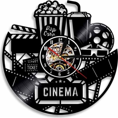 Movie Theater Sign Popcorn Vinyl Record Wall Clock Watching Film Vintage Wall Decor Movies Lovers Gift reloj de pared grande