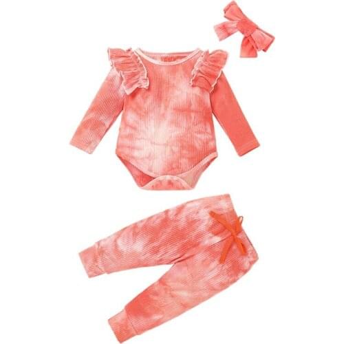3Pcs Baby Girl Autumn Set Long Sleeve Tie-Dye Print Romper Top Trousers Headband Outfits Clothes New