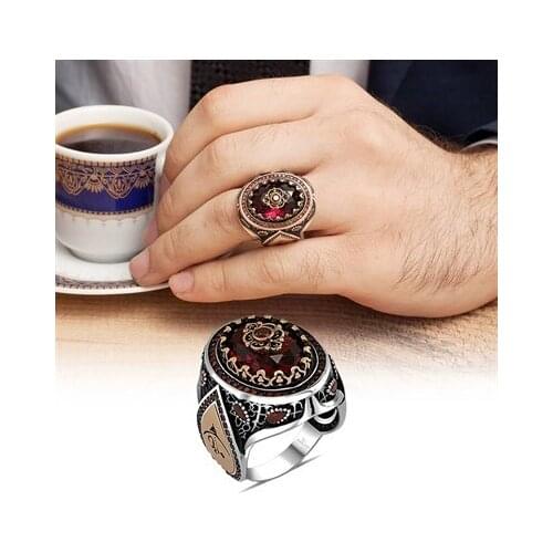 Red Cubic Zirconia Ever Written Silver Men 'S Ring