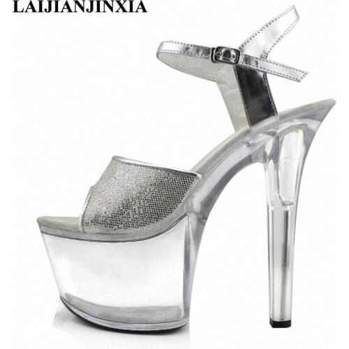 LAIJIANJINXIA Glitter 17cm Ultra High Heels Clear Platform Sandals Sexy Women Night Club Dress Dancing Shoes Pole Dance Shoes