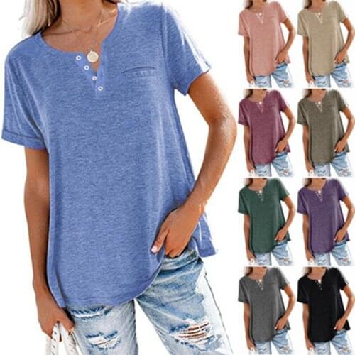 Summer Women Casual V-Neck Pocket Solid Color Loose Short-Sleeved Pullover Bottoming Shirt Womens Top T-Shirt