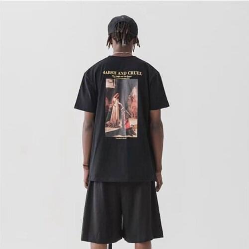 Summer 100% Cotton National Tide Queen And Knight Oil Painting Short-Sleeved Men Hip Hop Loose Tops Tee Street Style