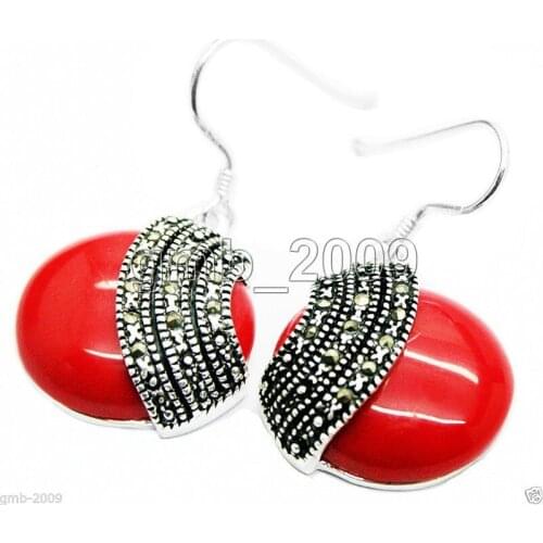Fashion 925 Sterling Silver 18*18mm Red Coral Coin Marcasite Earrings REAL Natural