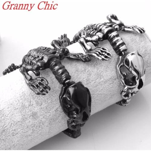 Granny Chic Men Stainless Steel Dinosaurs Skull Skeleton Bangle Bracelet Goth Punk Halloween Cool Bangles 316L stainless steel
