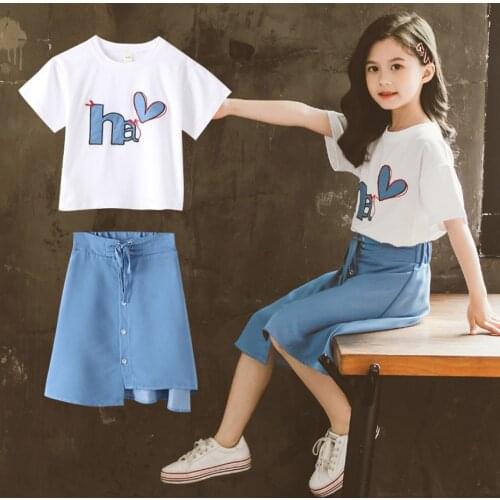 Girls Clothes Tshirt + Denim Skirt Teenage Girls Clothing Heart Pattern Girl Outfit Summer Kids Tracksuit 6 8 10 12 14