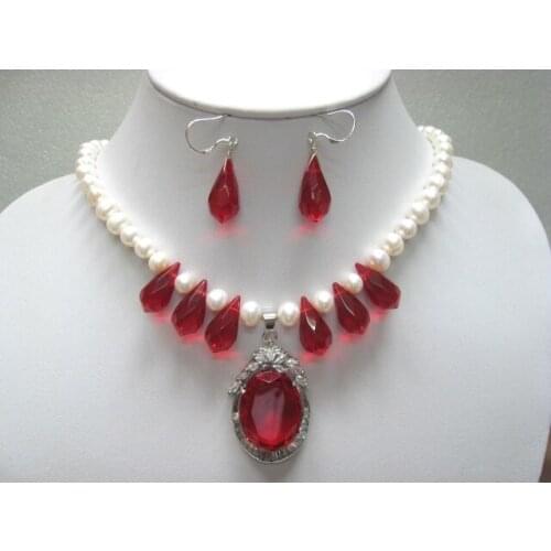 Wholesale good wholesale 8-10mm white shell pearl match red crystal waterdrop and red crystal pendant necklace & dangle earrings