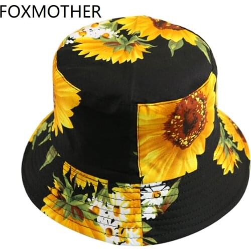 FOXMOTHER New Fashion Sun Caps Black White Sunflower Floral Print Bucket Hat Women Gorras Mens Summer