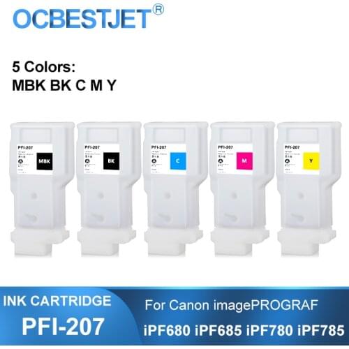 PFI-207 PFI207 Refillable Ink Cartridge With Permanent Chips For Canon iPF680 iPF685 iPF780 iPF785 Printer 5Colors/Set 300ML