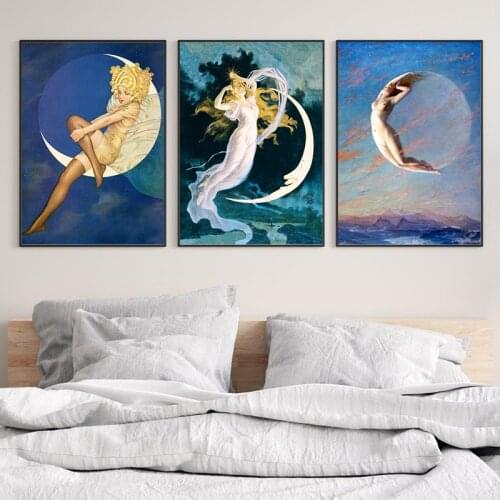 Albert Aublet Moon Goddess Vintage Posters and Prints Selene Painting Celestial Luna Antique Canvas Pictures Home Wall Art Decor