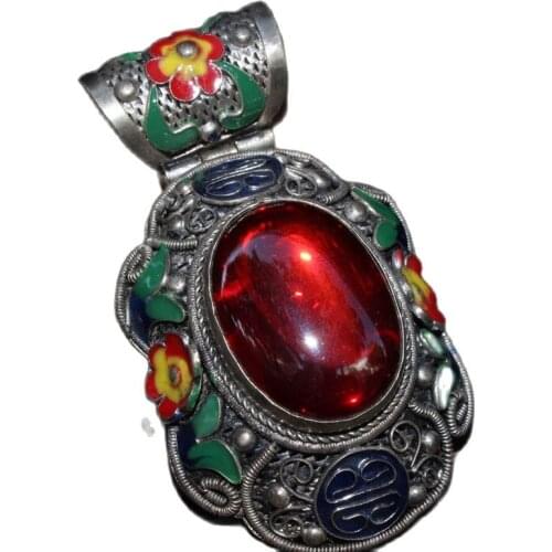 China Old Tibetan Silver Zircon Cloisonne Inlaid Pendant