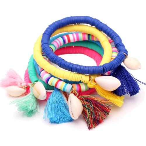 Polymer Clay Discs Beads Soild Color Cowrie Seashell Tassels Heishi Stretch Bracelet Women Men Gorgeous Fashion Beads Jewelry