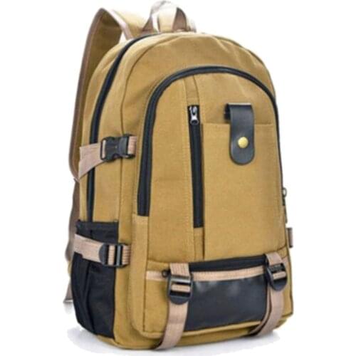 Mens Vintage Canvas Backpack Solid Color Simple Zipper Closure Tower Button Design School Bag for Travel Camping Put Computer