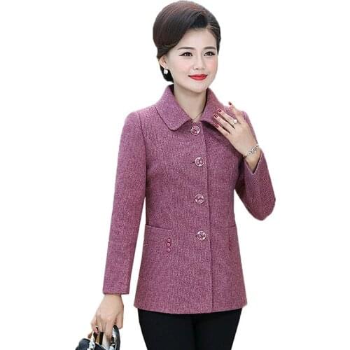 Middle-aged and Elderly Womens Blended Woolen Jacket 2021 Spring Autumn Short Casual Women Jacket Woole Coat Female Plus Size