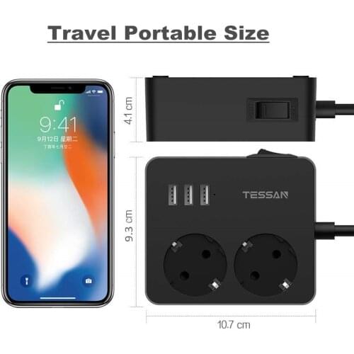 Tessan Eu Power Strip With 3 USB Ports and 2 Outlets 1.5M/5ft Extension Cord Electrical Sockets Plug In Home Or Office